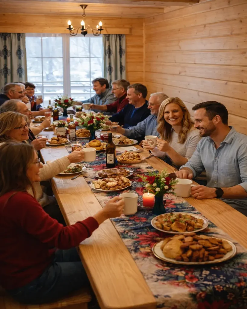 Duża grupa osób przy wspólnym stole w domku w górach w Beskidzie Żywieckim