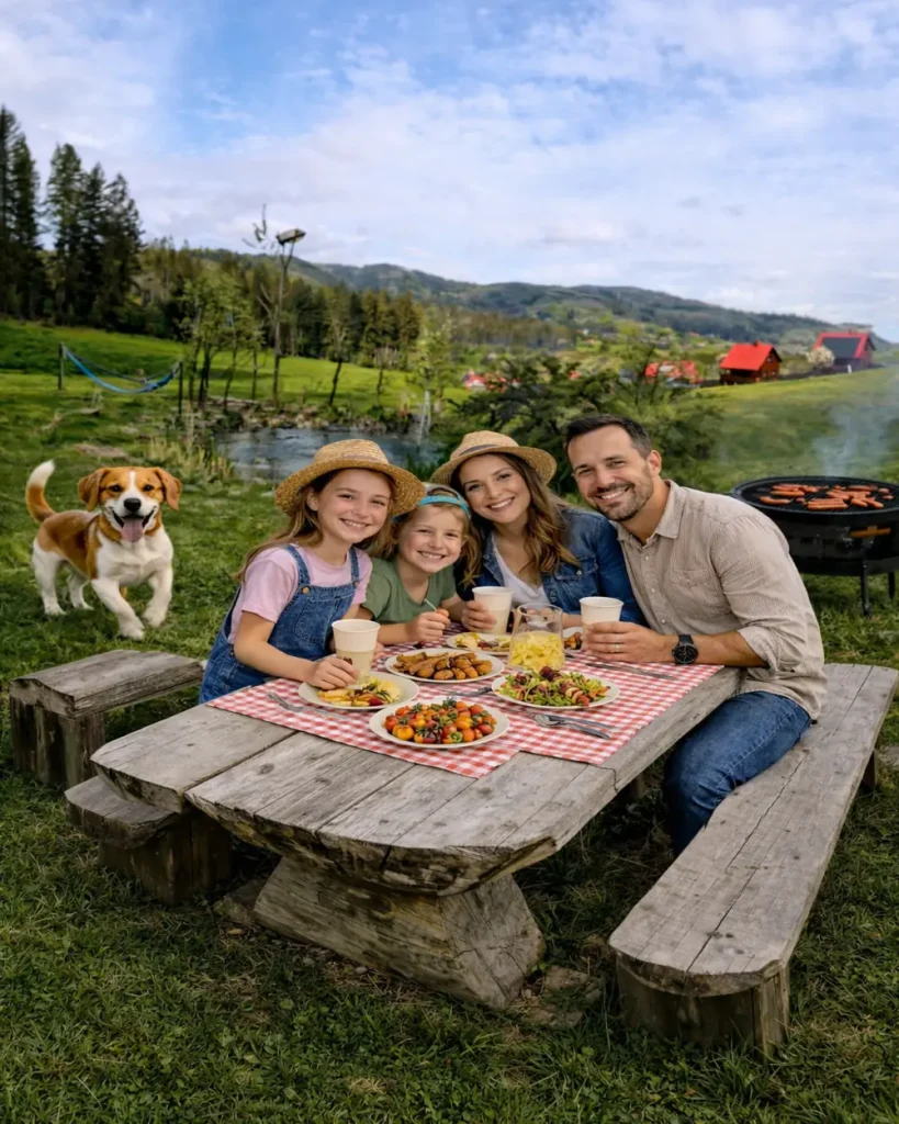Rodzina na pikniku przy domkach w górach w Beskidzie Żywieckim
