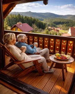 Balkon domku w górach z widokiem na Beskid Żywiecki – relaks na świeżym powietrzu