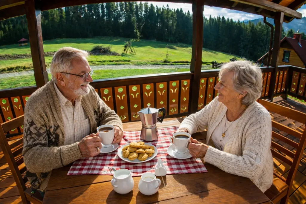 Spokojny poranek w górach – kawa na tarasie i widok na Beskid Żywiecki dla seniorów