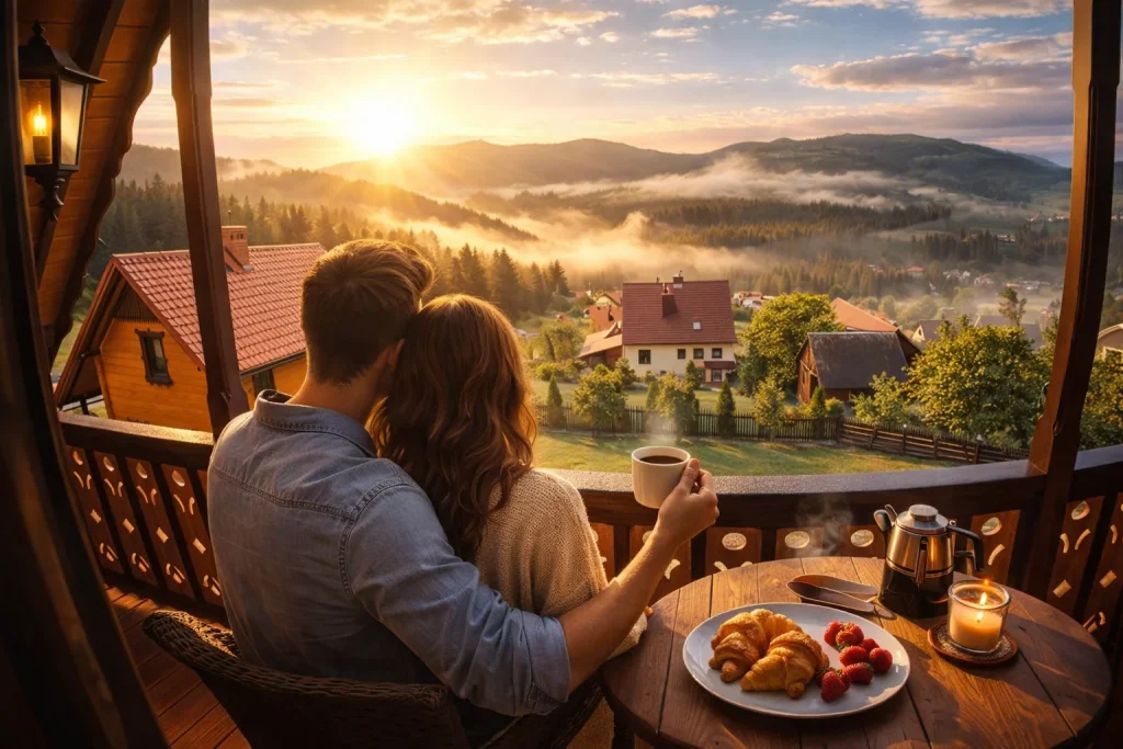 Para pijąca kawę na tarasie domku w górach z widokiem na Beskid Żywiecki o poranku