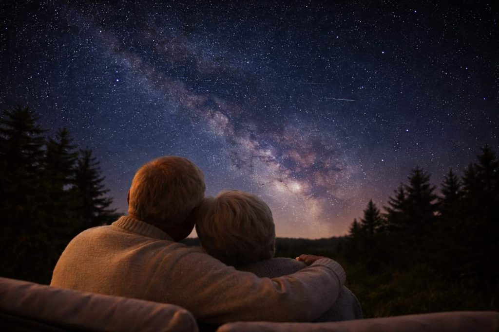 Seniorzy odpoczywający w górach nocą – widok na gwiazdy i spokojna atmosfera w Beskidzie Żywieckim