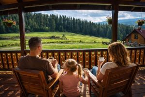 Rodzina na tarasie domku w górach z widokiem na Beskid Żywiecki