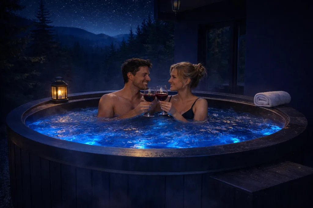 Para relaksująca się w jacuzzi wieczorem z widokiem na góry i gwiazdy