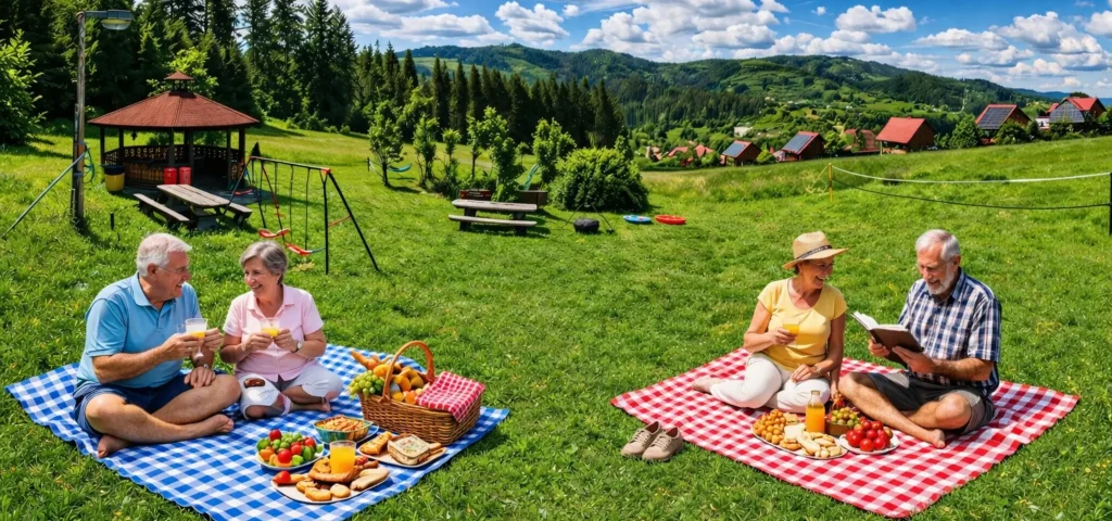 Seniorzy odpoczywający na pikniku w górach w Beskidzie Żywieckim