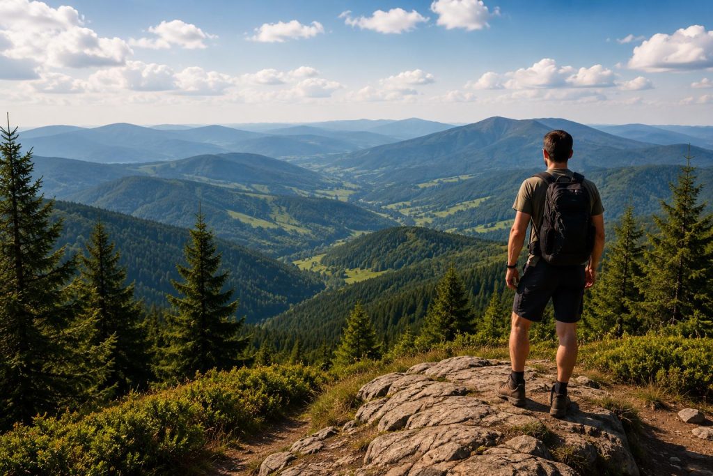 Turysta podziwiający panoramę Beskidu Żywieckiego ze szlaku górskiego