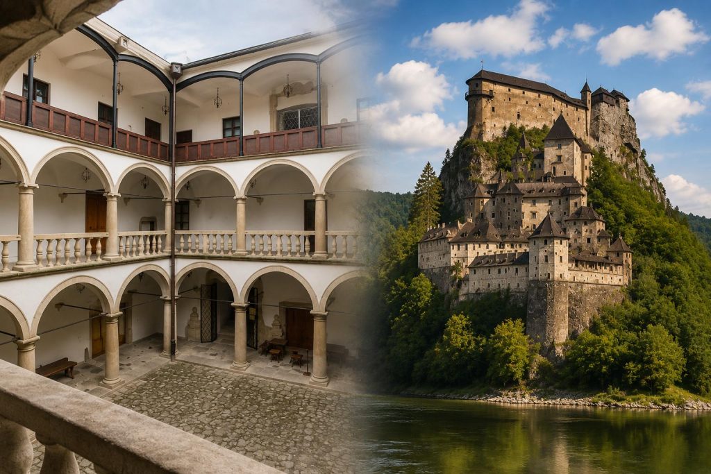 Dziedziniec Zamku w Żywcu oraz Zamek Orawski na skale nad rzeką Orawą
